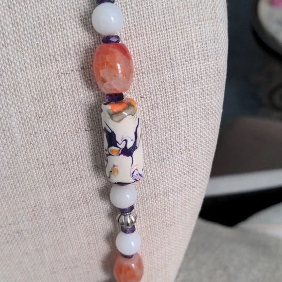 Multi Gem Long Beaded Necklace, Artisan, Unique, Amethyst, Agate, Silver, 32" - Picture 4 of 7